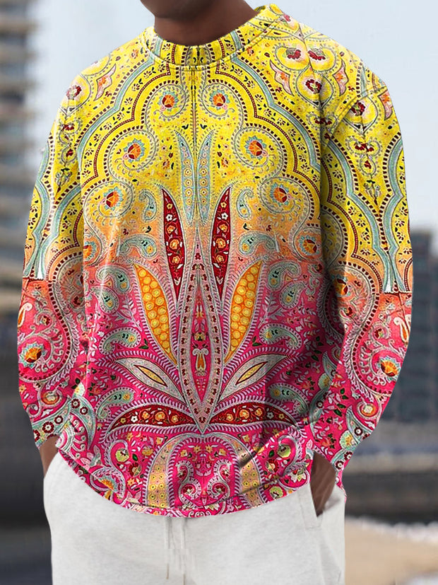 Gentleman's Casual Vintage Ethnic Gradient Floral Art Printed Crew Neck Pullover