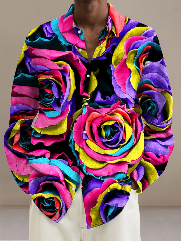 Gentleman Vintage Colorful Abstract Rose Art Print Long Sleeve Shirt