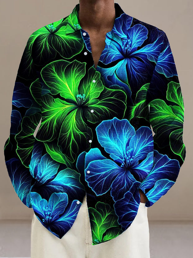 Gentleman Vintage Fluorescent Floral Art Print Long Sleeve Shirt