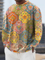 Gentleman's Casual Vintage Ethnic Floral Art Print Crew Neck Pullover