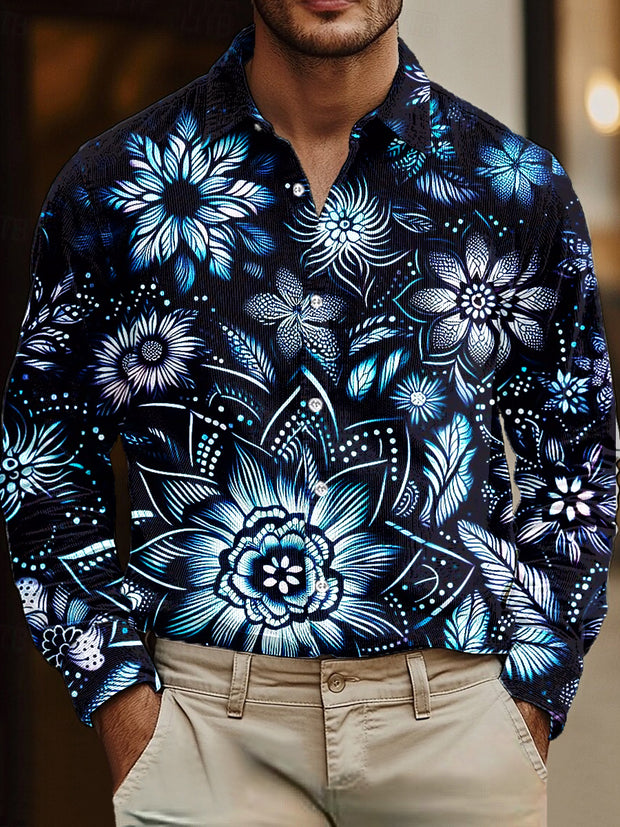 Gentleman Vintage Abstract Floral Art Print Corduroy Shirt