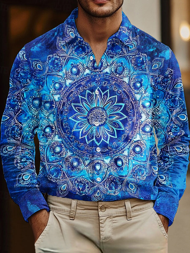 Gentleman Vintage Blue Gradient Mandala Art Print Corduroy Shirt