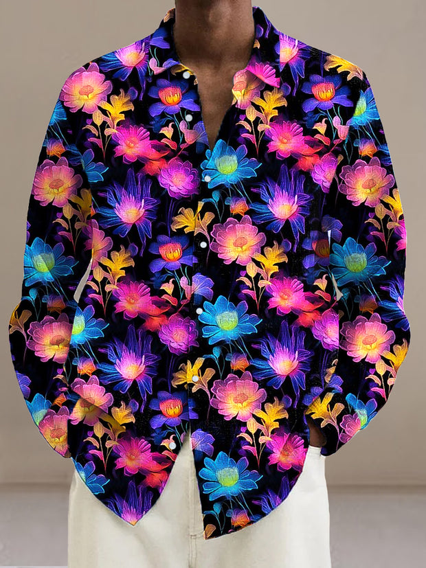 Gentleman Vintage Fluorescent Floral Art Print Long Sleeve Shirt