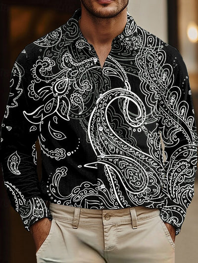 Gentleman Vintage Black and White Floral Art Print Corduroy Shirt