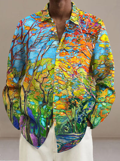 Men's Forest Oil Painting Cotton Summer Casual Beach Shirt Long Sleeve