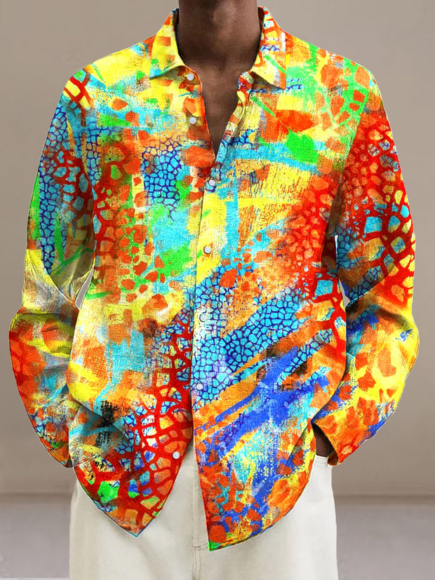 Men's Roller Print Cotton Summer Casual Beach Shirt Long Sleeve