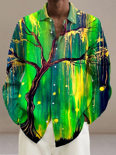 Men's Yellow Green Plant Abstract Cotton Summer Casual Beach Shirt Long Sleeve