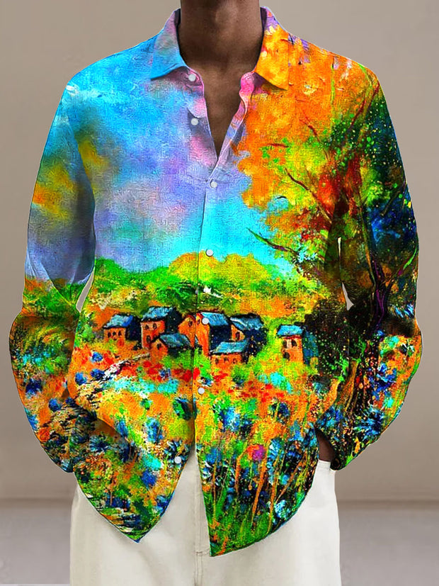 Men's Pastoral Oil Painting Cotton Summer Casual Beach Shirt Long Sleeve