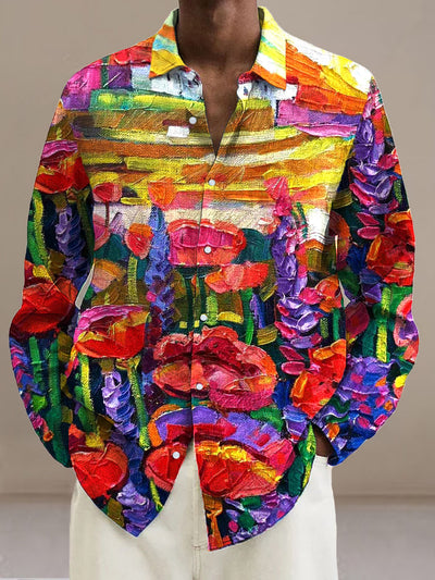 Men's colorful floral cotton summer casual beach shirt with long sleeves