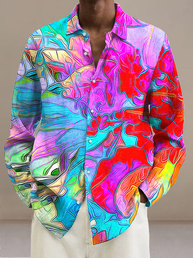 Men's colorful abstract floral cotton summer casual beach shirt with long sleeves