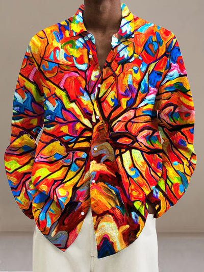 Men's Stained Glass Color Block Abstract Oil Painting Pure Cotton Summer Casual Beach Shirt Long Sleeve