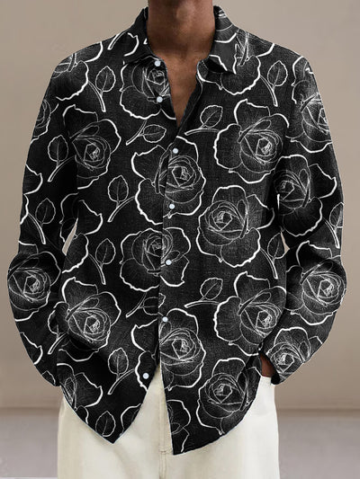 Gentleman Vintage Black and White Floral Art Print Long Sleeve Shirt