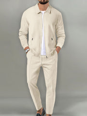 Gentleman's Casual Vintage Waffle Zipper Cardigan Trousers 2 Piece Set