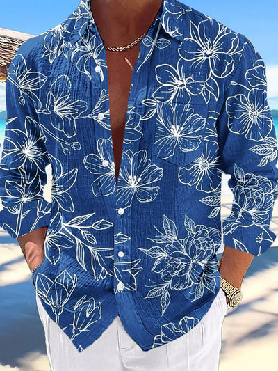 Gentleman Vintage Blue White Floral Art Print Long Sleeve Pocket Shirt