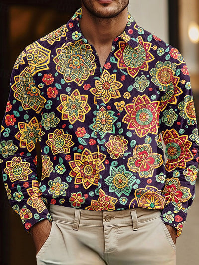 Gentleman Vintage Geometric Mandala Art Print Corduroy Shirt