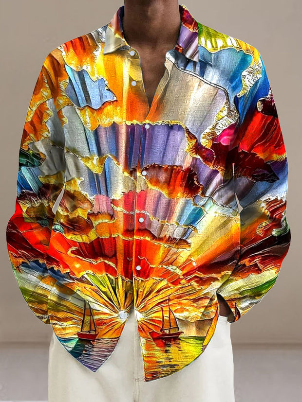 Men's Sea Sunset Glass Painting Cotton Summer Casual Beach Shirt Long Sleeve