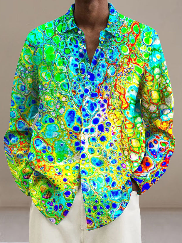 Men's abstract gemstone print cotton summer casual beach shirt with long sleeves