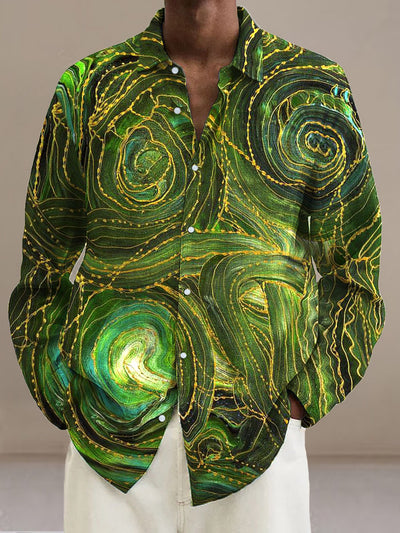 Men's Brown Green Abstract Line Print Cotton Summer Casual Beach Shirt Long Sleeve