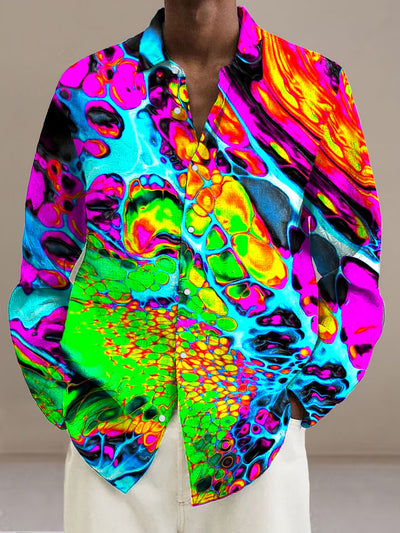 Men's Colorful Abstract Printed Cotton Summer Casual Long Sleeve Beach Shirt