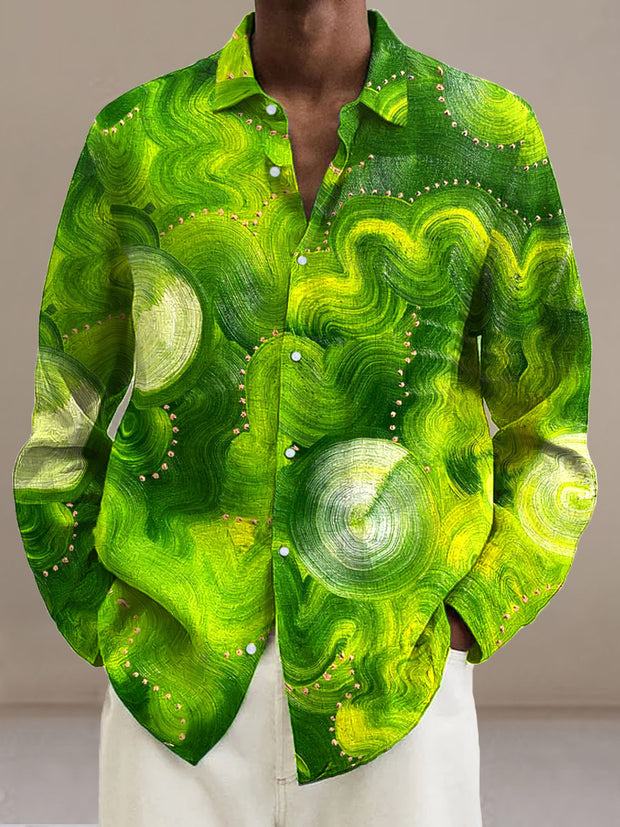 Men's Green Swirl Pattern Cotton Summer Casual Beach Shirt Long Sleeve