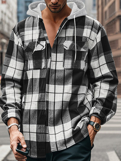 Gentleman's Casual Flannel Plaid Hooded Shirt