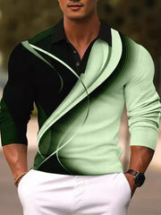 Gentleman Casual Line Art Print Long Sleeve Lapel Polo Shirt