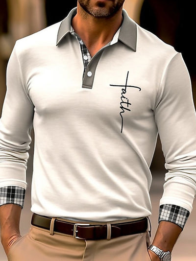 Gentleman's Casual Plaid Colorblocked Letter Long Sleeve Polo Shirt