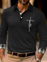 Gentleman's Casual Plaid Colorblocked Letter Long Sleeve Polo Shirt