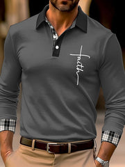 Gentleman's Casual Plaid Colorblocked Letter Long Sleeve Polo Shirt