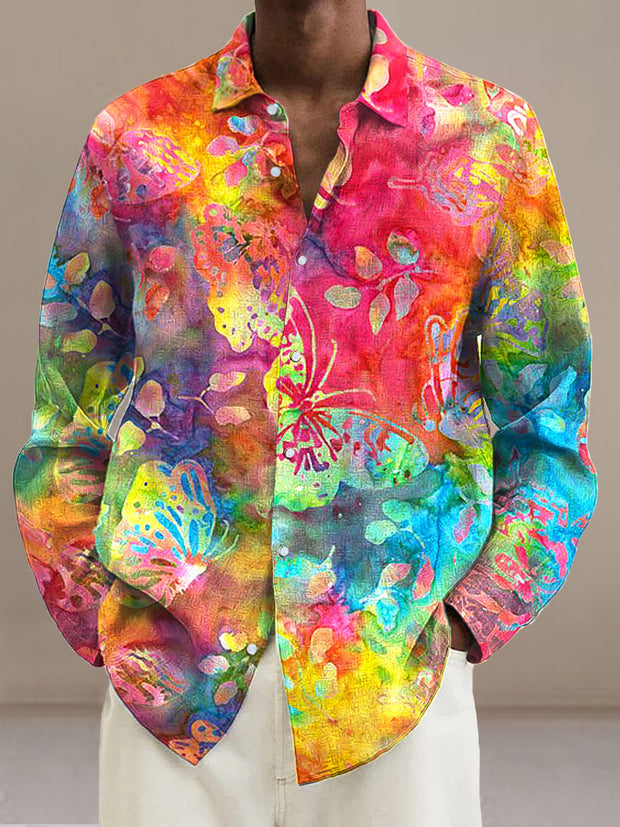 Men's Colorful butterfly Cotton Summer Casual Beach Shirt long Sleeve