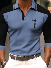 Gentleman's Casual Colorblocked Letter Long Sleeve Polo Shirt