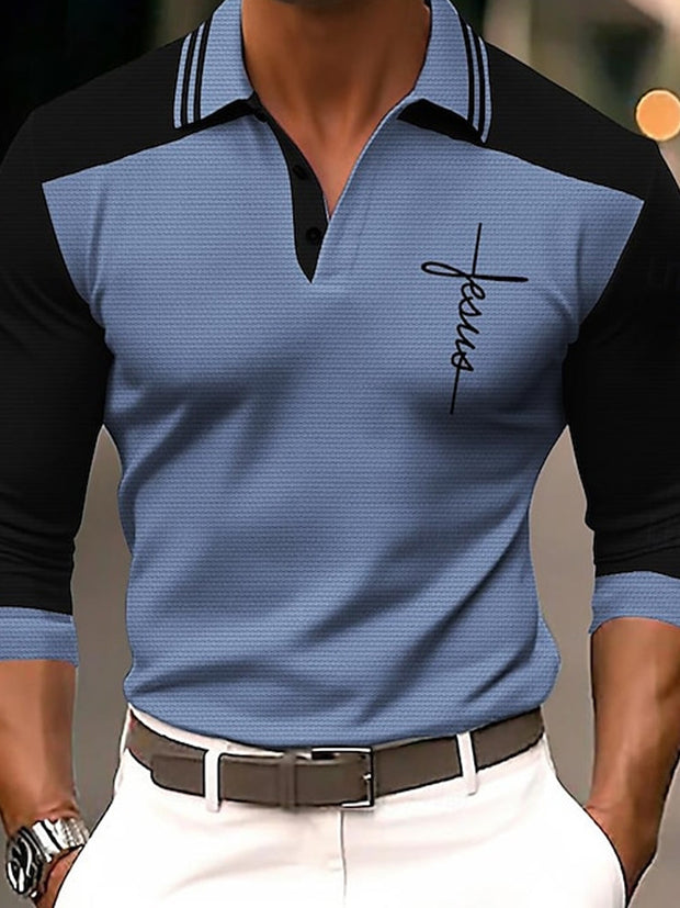 Gentleman's Casual Colorblocked Letter Long Sleeve Polo Shirt