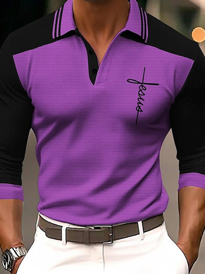 Gentleman's Casual Colorblocked Letter Long Sleeve Polo Shirt