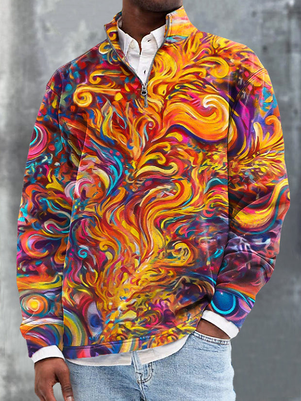 Gentleman's Casual Multicolor Abstract Art Print Zip Pullover Hoodie