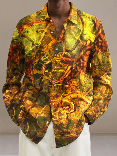 Men's Golden Vein Abstract Painting Cotton Summer Casual Beach Shirt long Sleeve