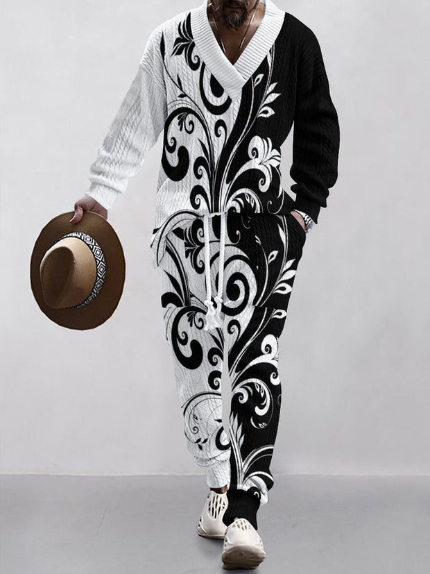 Gentleman's Casual Jacquard Black and White Floral Printed V-Neck Top Pants 2-Piece Set