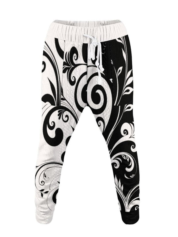 Gentleman's Casual Jacquard Black and White Floral Printed V-Neck Top Pants 2-Piece Set