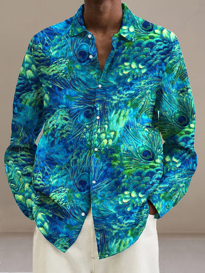 Men's Peacock feather Cotton Summer Casual Beach Shirt long Sleeve