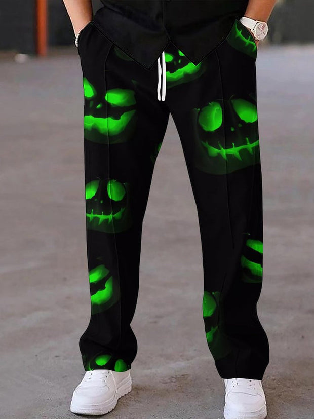 Gentleman Casual Halloween Horror Devil Art Print Lace Up Straight Leg Pants