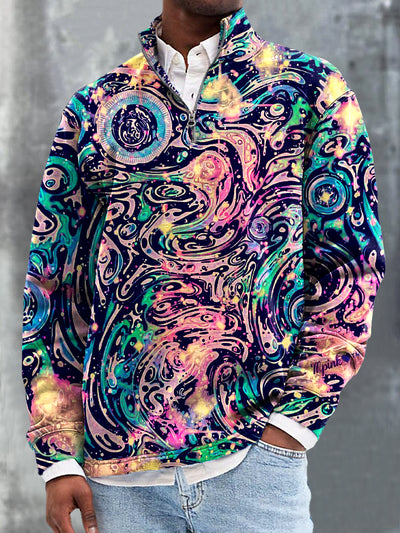 Gentleman Casual Abstract Colorful Ripple Art Print Zip Stand Collar Pullover Hoodie