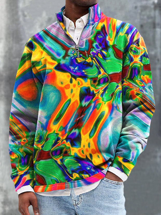 Gentleman's Casual Colorful Illusion Art Print Zipper Stand Collar Pullover Hoodie