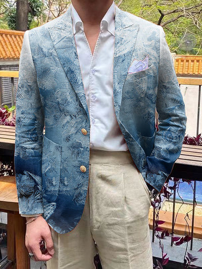 Gentleman's Everyday Blue Gradient Floral Art Print Lapel Two Button Blazer