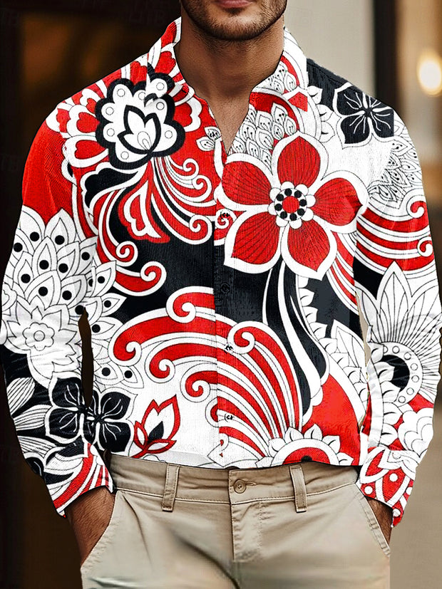 Gentleman Vintage Black White Red Floral Art Print Corduroy Shirt