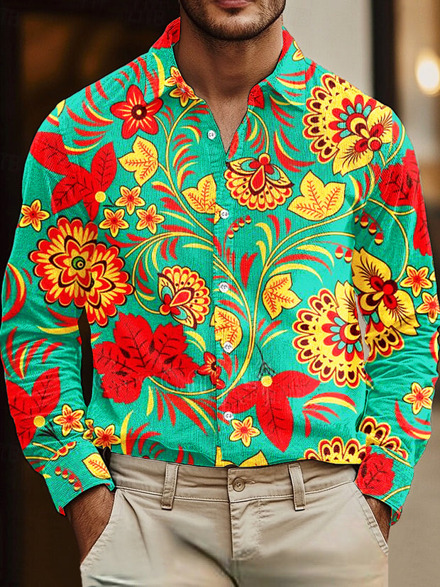 Gentleman Vintage Multicolor Floral Art Print Corduroy Shirt