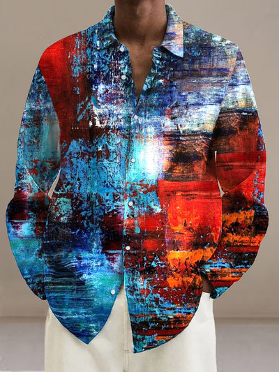 Men's Abstract Sunset On The Sea Cotton Summer Casual Beach Shirt long Sleeve