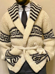 Gentleman's Vintage Thickened Black and White Jacquard Knit Lace-Up Cardigan