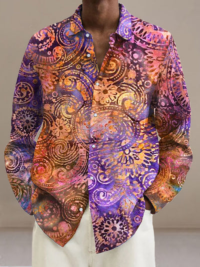 Men's Abstract Mandala Pattern Cotton Summer Casual Beach Shirt long Sleeve