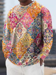 Gentleman's Casual Vintage Ethnic Floral Art Print Crew Neck Pullover