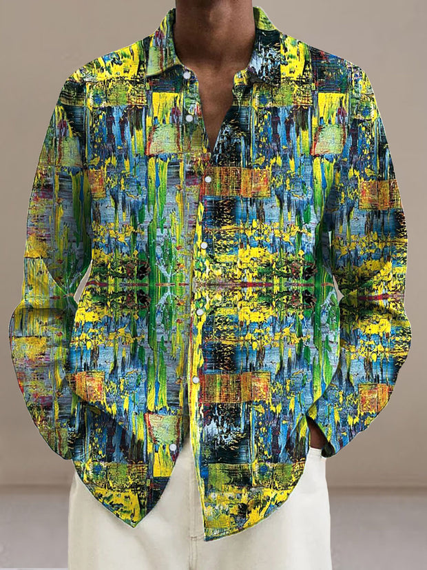 Men's Abstract Green Pattern Cotton Summer Casual Beach Shirt long Sleeve