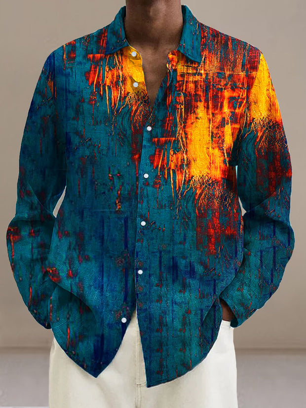 Men's Abstract Flame Pattern  Cotton Summer Casual Beach Shirt long Sleeve